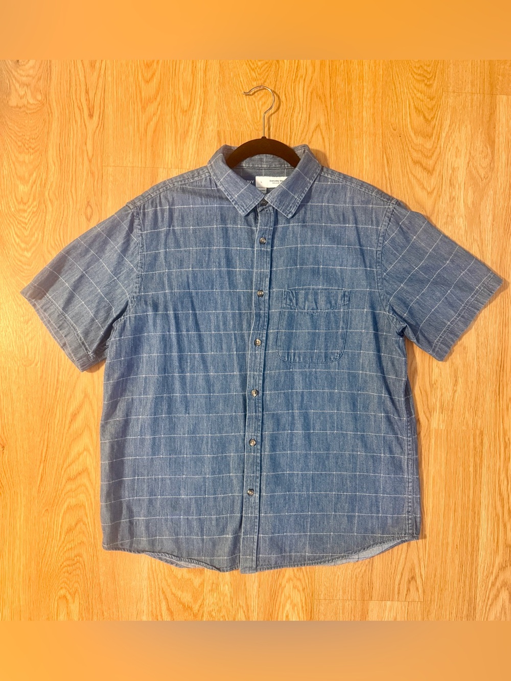 Old Navy Men's Denim Short-Sleeve Blue Windowpane Button-Up Shirt